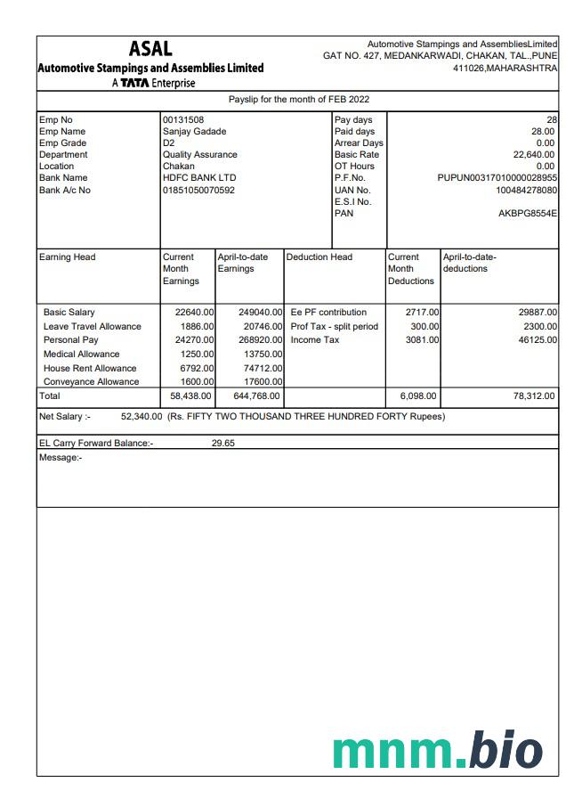 Automotive Stampings and AssembliesLimited pay stub